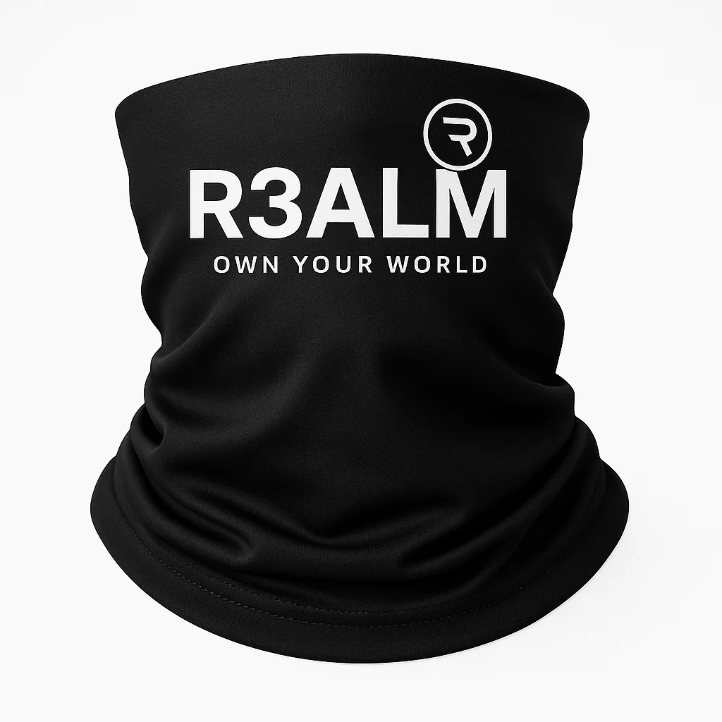 R3ALM "Own Your World" Multi Functional Neck Gaiter | Black Seamless Face Shield & Headwear.