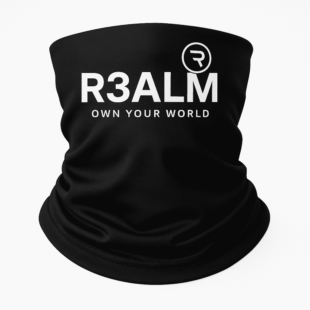 R3ALM "Own Your World" Multi Functional Neck Gaiter | Black Seamless Face Shield & Headwear.
