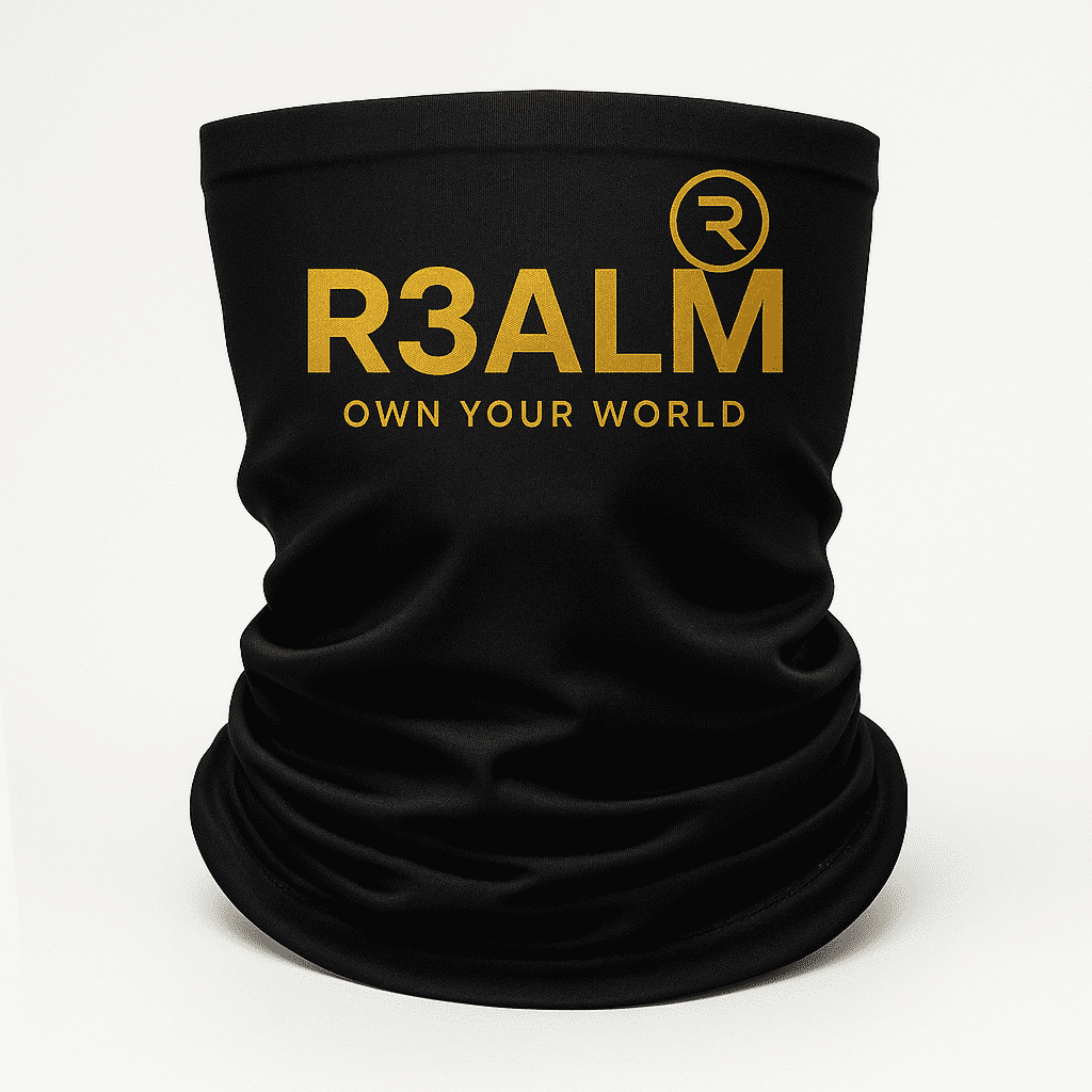R3ALM "Own Your World" Multi Functional Neck Gaiter | Black Seamless Face Shield & Headwear. - Image 2