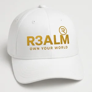 R3ALM "Own Your World" Premium Embroidered Baseball Cap White & Gold