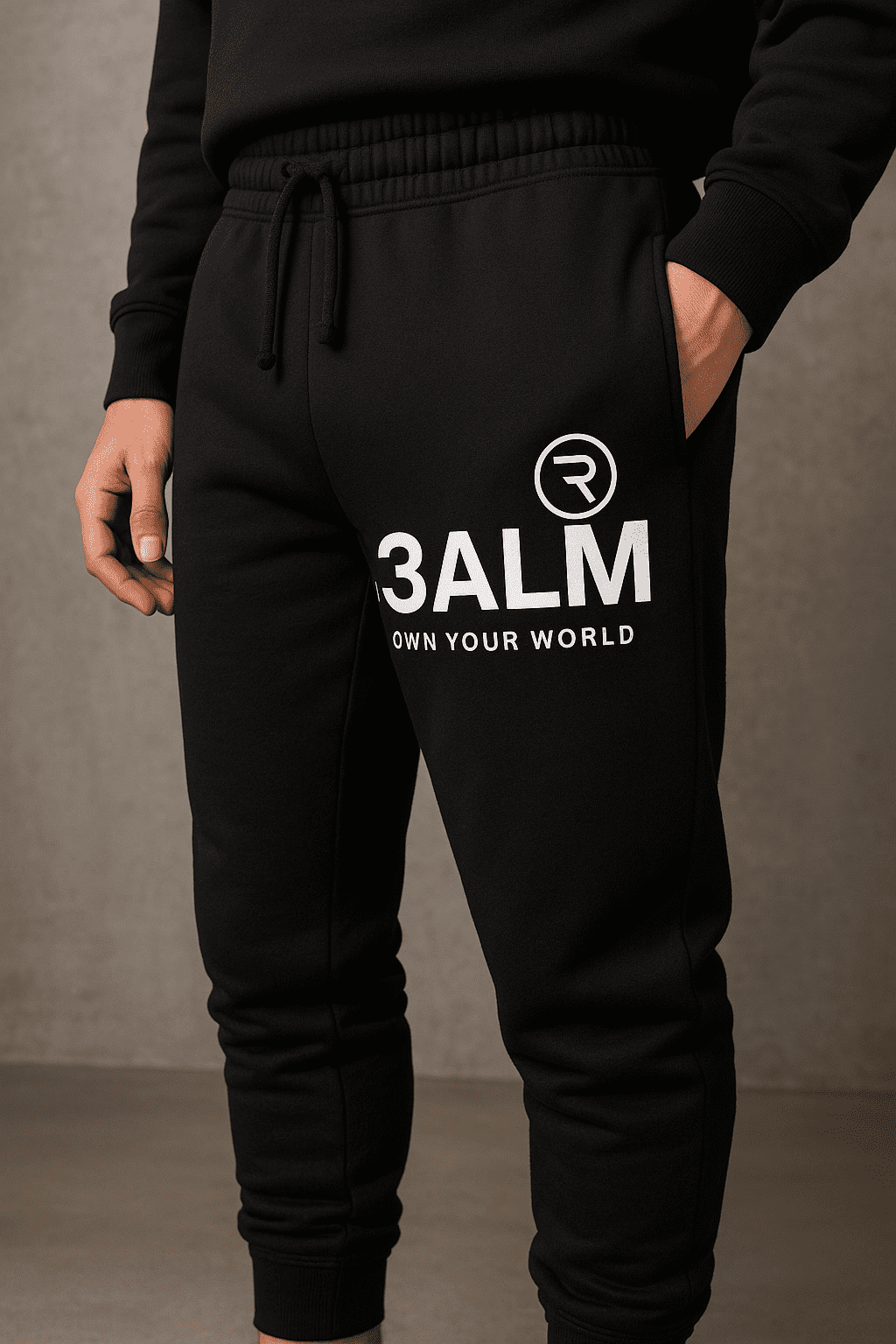 Men's HELLOREALM "Own Your World" Premium Black Joggers | R3ALM Fleece Sweatpants